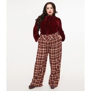NWT Unique Vintage Burgundy Plaid Double Belt Pants Slacks – 4XL